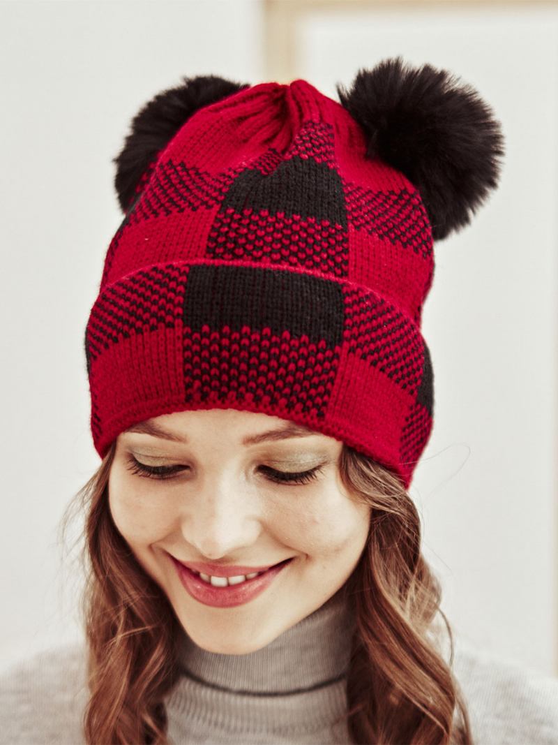 Bonés Para Mulheres Modernas Pom Poms Xadrez Acrílico Inverno Quente Acc - Vermelho
