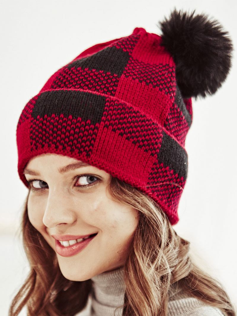 Bonés Para Mulheres Modernas Pom Poms Xadrez Acrílico Inverno Quente Acc - Vermelho