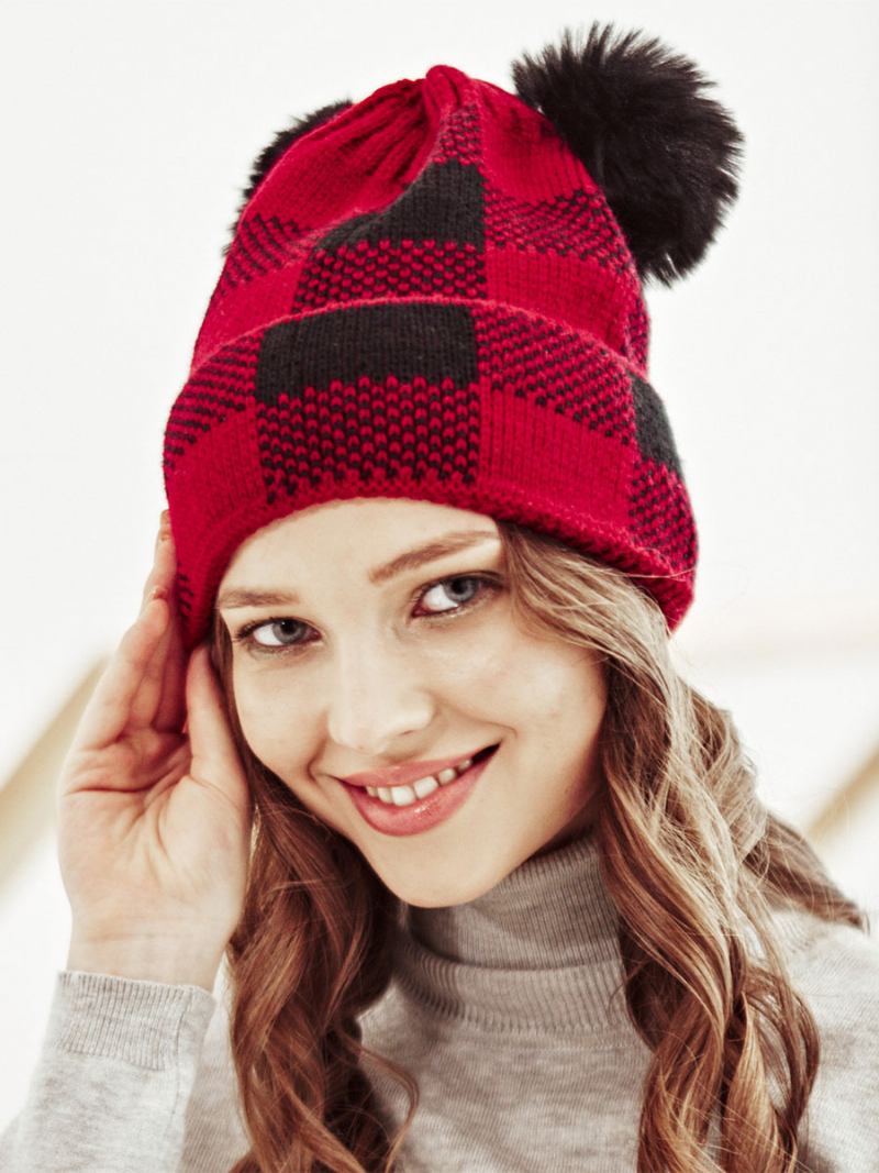 Bonés Para Mulheres Modernas Pom Poms Xadrez Acrílico Inverno Quente Acc - Vermelho