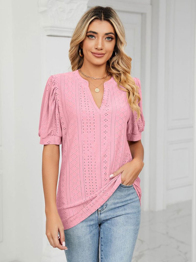 Camiseta Feminina Manga Curta Blush Rosa Com Decote Em V - Rosa