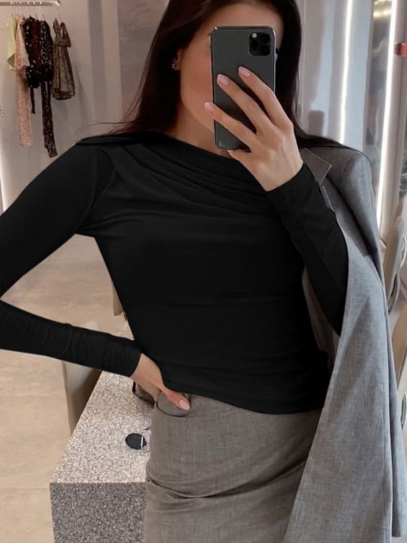 Top Camadas Sexy Para Mulheres Com Decote Em Joia Mangas Compridas Camiseta Plissada - Preto
