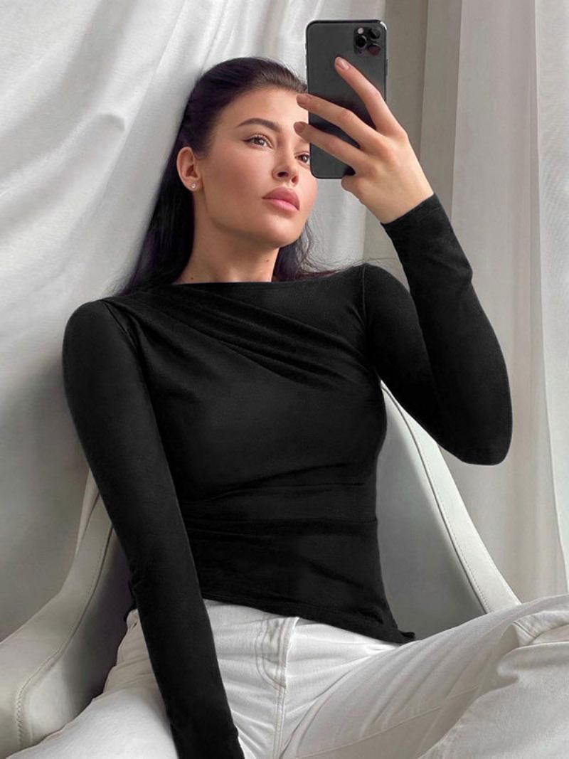 Top Camadas Sexy Para Mulheres Com Decote Em Joia Mangas Compridas Camiseta Plissada - Preto