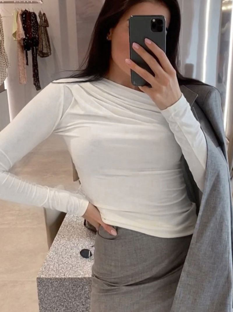 Top Camadas Sexy Para Mulheres Com Decote Em Joia Mangas Compridas Camiseta Plissada - Branco