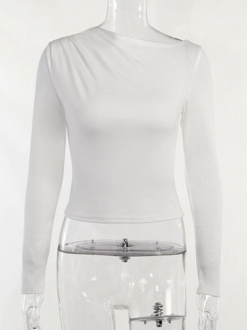 Top Camadas Sexy Para Mulheres Com Decote Em Joia Mangas Compridas Camiseta Plissada - Branco