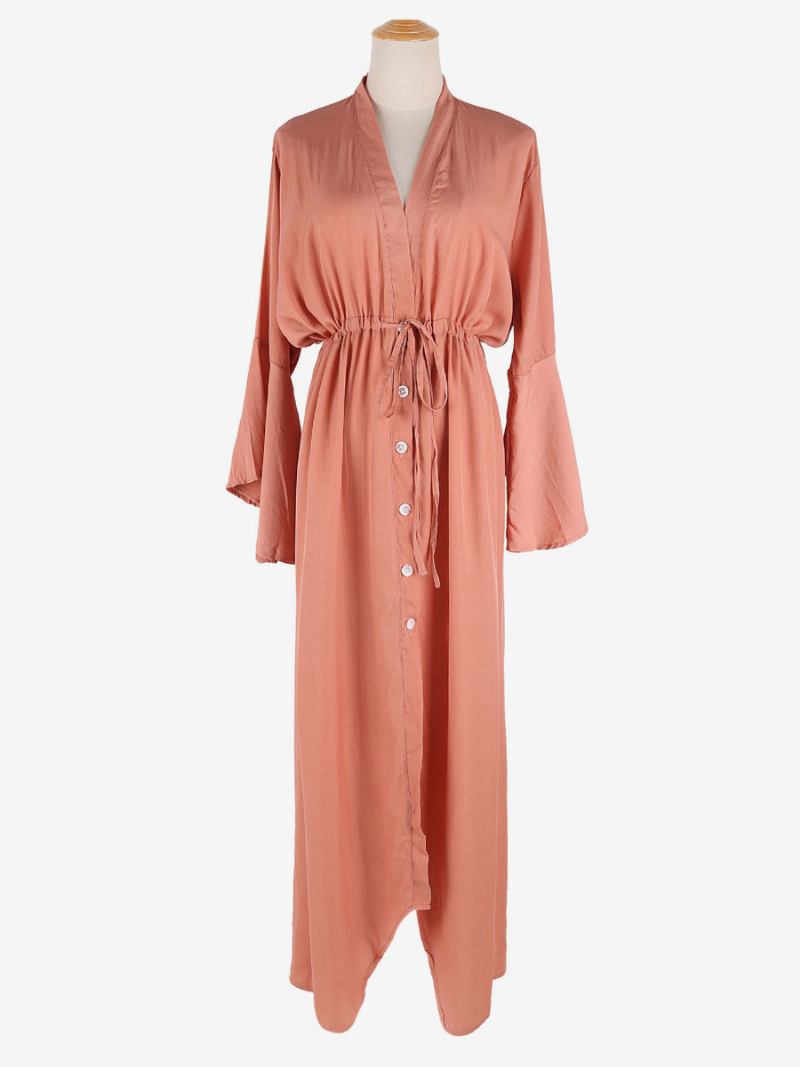 Mulheres Cover Ups Branco Lace Up Com Decote Em V Mangas Compridas Camadas Verão Praia Maiôs - Vermelho Tijolo