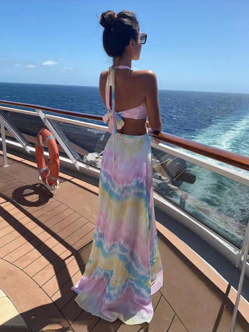 Vestido Boho Feminino Com Pintura Halter Ring Detalhes Sem Costas Resort Vestidos Maxi Casuais - Branco