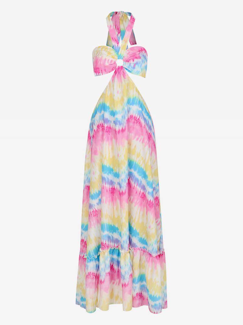 Vestido Boho Feminino Com Pintura Halter Ring Detalhes Sem Costas Resort Vestidos Maxi Casuais - Branco
