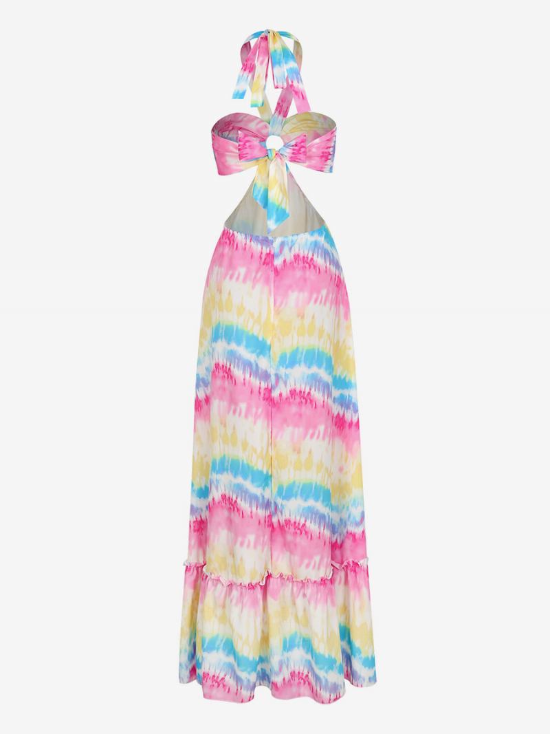 Vestido Boho Feminino Com Pintura Halter Ring Detalhes Sem Costas Resort Vestidos Maxi Casuais - Branco