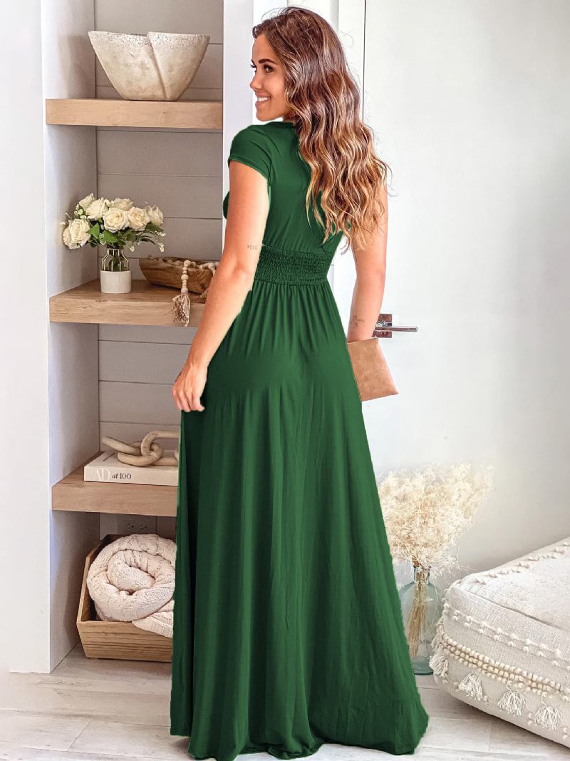 Vestido Festa Feminino Mangas Curtas Com Decote Em V E Cintura Império Fenda Elegante Vestidos Maxi - Verde
