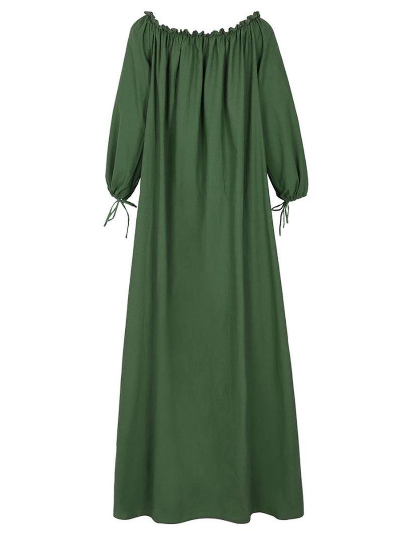 Vestido Maxi Feminino Oversized Branco Mangas Compridas Um Ombro Plissado Algodão Até O Chão - Verde