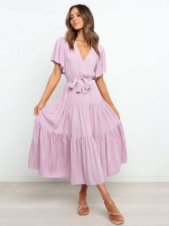 Vestidos Maxi Femininos Mangas Curtas Lavanda Com Decote Em V Rendas Camadas Vestido Longo Verão