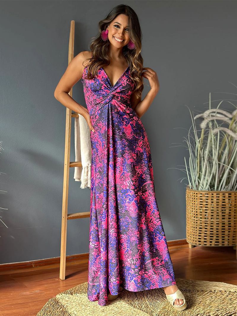 Vestido Feminino Estampado Com Decote Em V Alças Finas Plissado Casual Resort Verão Vestidos Maxi - Uva