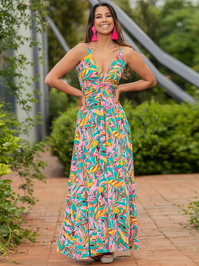 Vestido Feminino Estampado Com Decote Em V Alças Finas Plissado Casual Resort Verão Vestidos Maxi - Verde