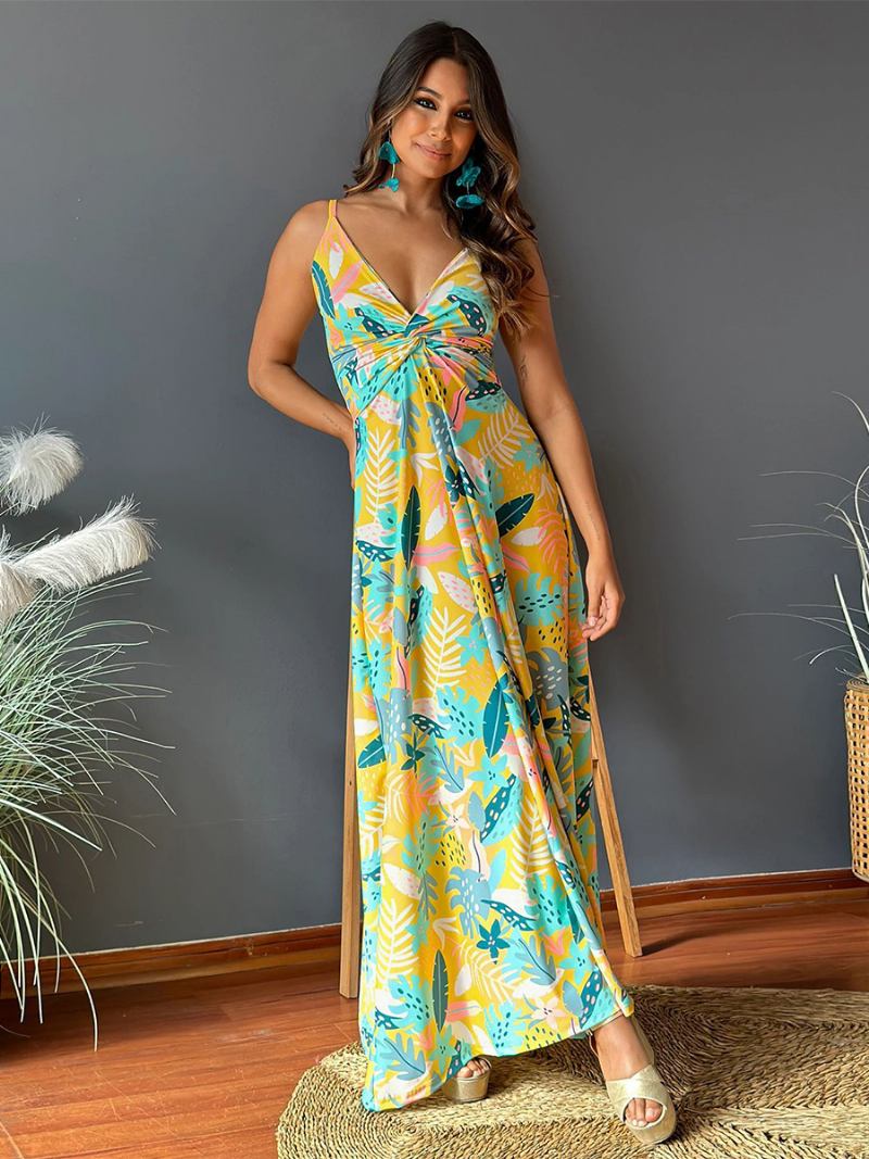 Vestido Feminino Estampado Com Decote Em V Alças Finas Plissado Casual Resort Verão Vestidos Maxi - Amarelo