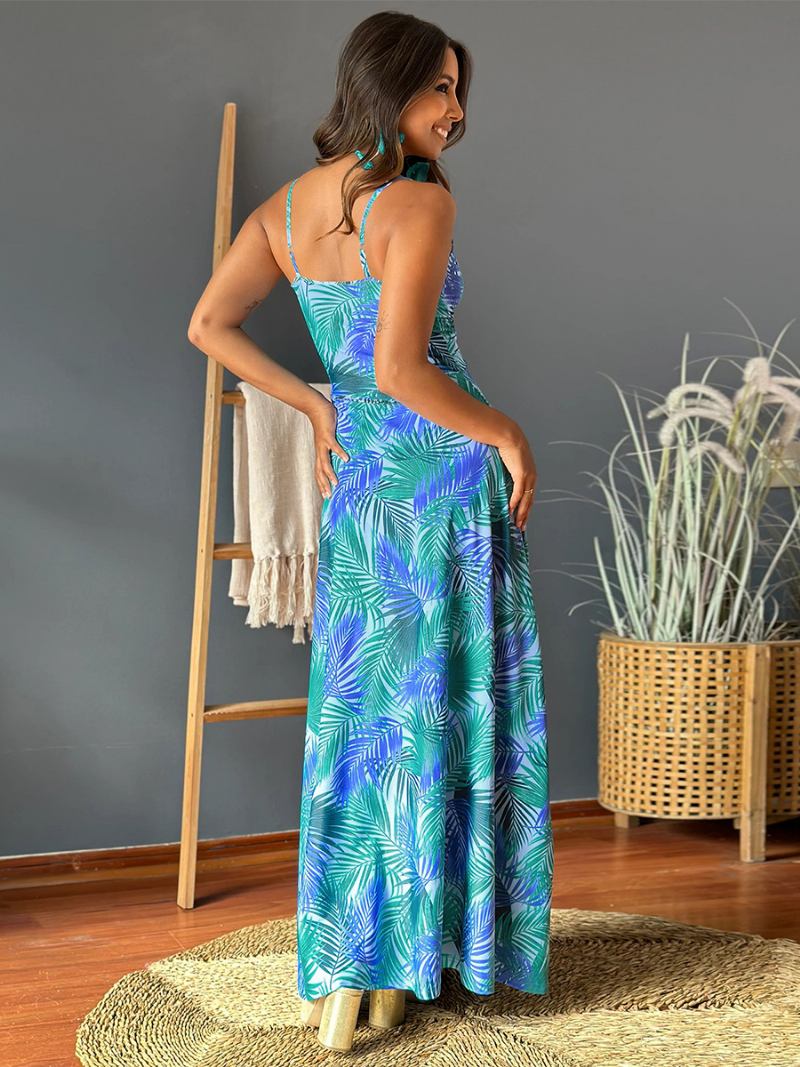 Vestido Feminino Estampado Com Decote Em V Alças Finas Plissado Casual Resort Verão Vestidos Maxi - Azul