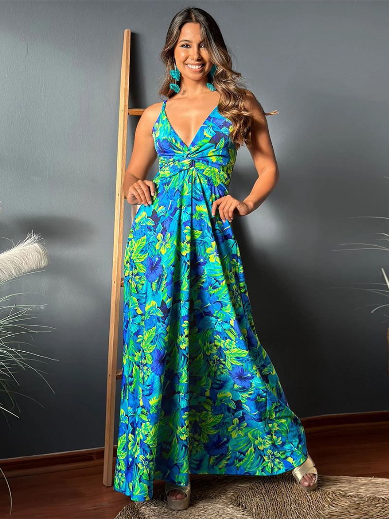 Vestido Feminino Estampado Com Decote Em V Alças Finas Plissado Casual Resort Verão Vestidos Maxi - Azul Céu Claro