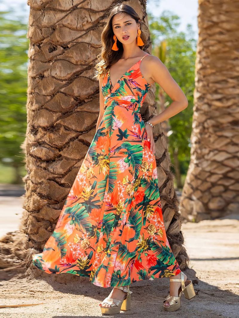 Vestido Feminino Estampado Com Decote Em V Alças Finas Plissado Casual Resort Verão Vestidos Maxi - Laranja