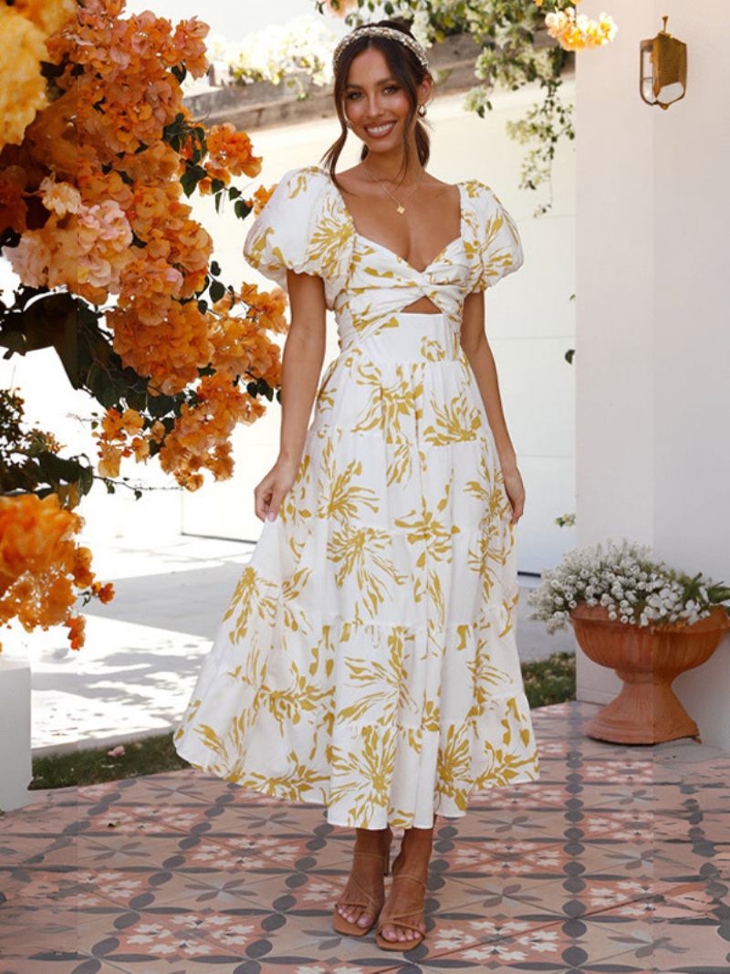 Vestido Feminino Estampado Em Camadas Mangas Bufantes Recortes Coração Vestidos Maxi