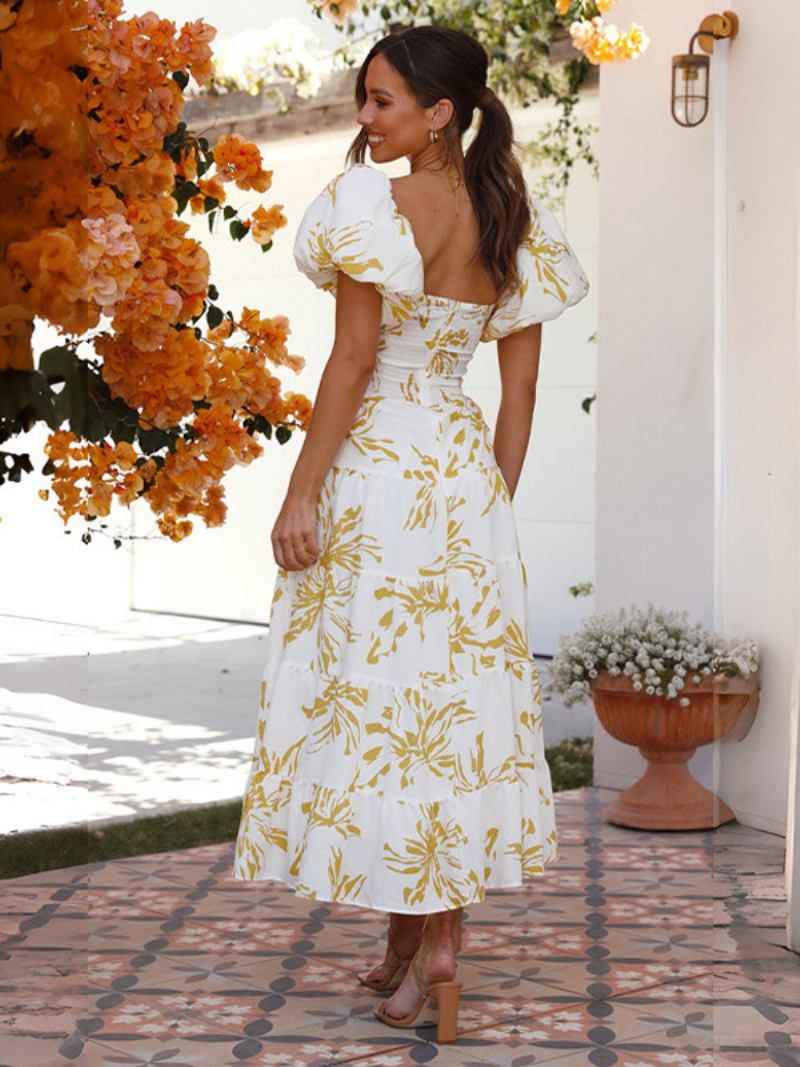 Vestido Feminino Estampado Em Camadas Mangas Bufantes Recortes Coração Vestidos Maxi - Amarelo