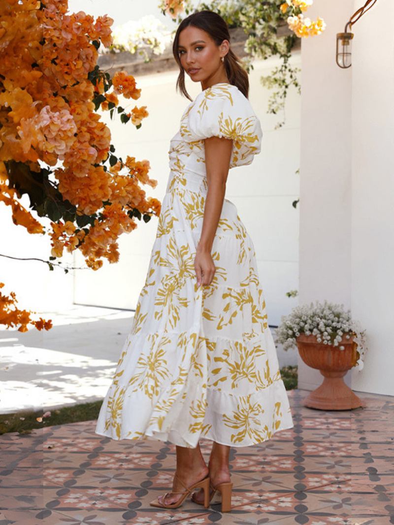 Vestido Feminino Estampado Em Camadas Mangas Bufantes Recortes Coração Vestidos Maxi - Amarelo