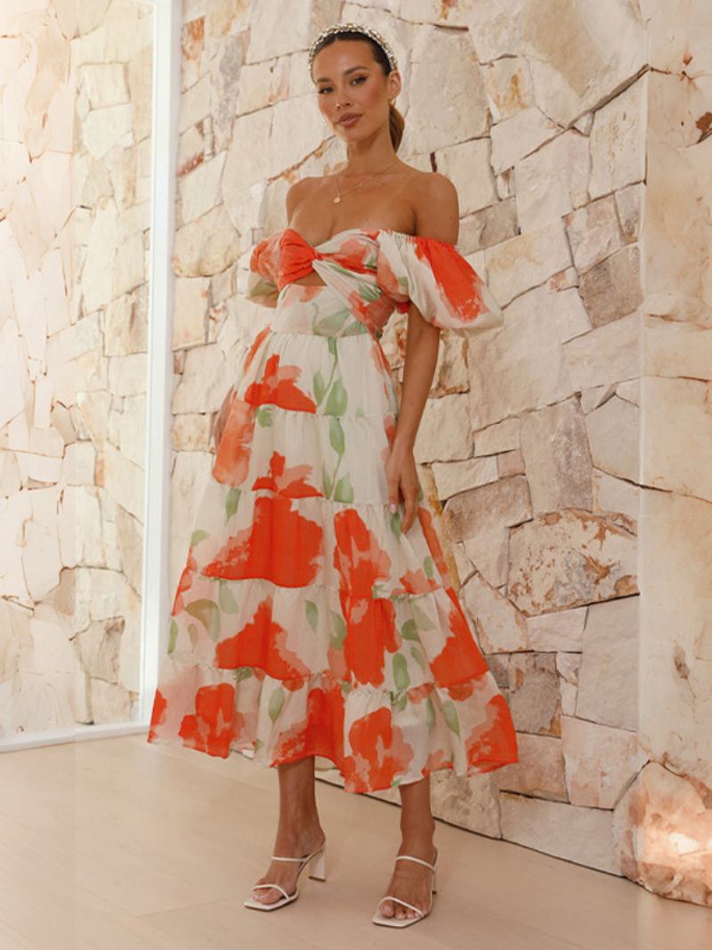 Vestido Feminino Estampado Em Camadas Mangas Bufantes Recortes Coração Vestidos Maxi - Laranja