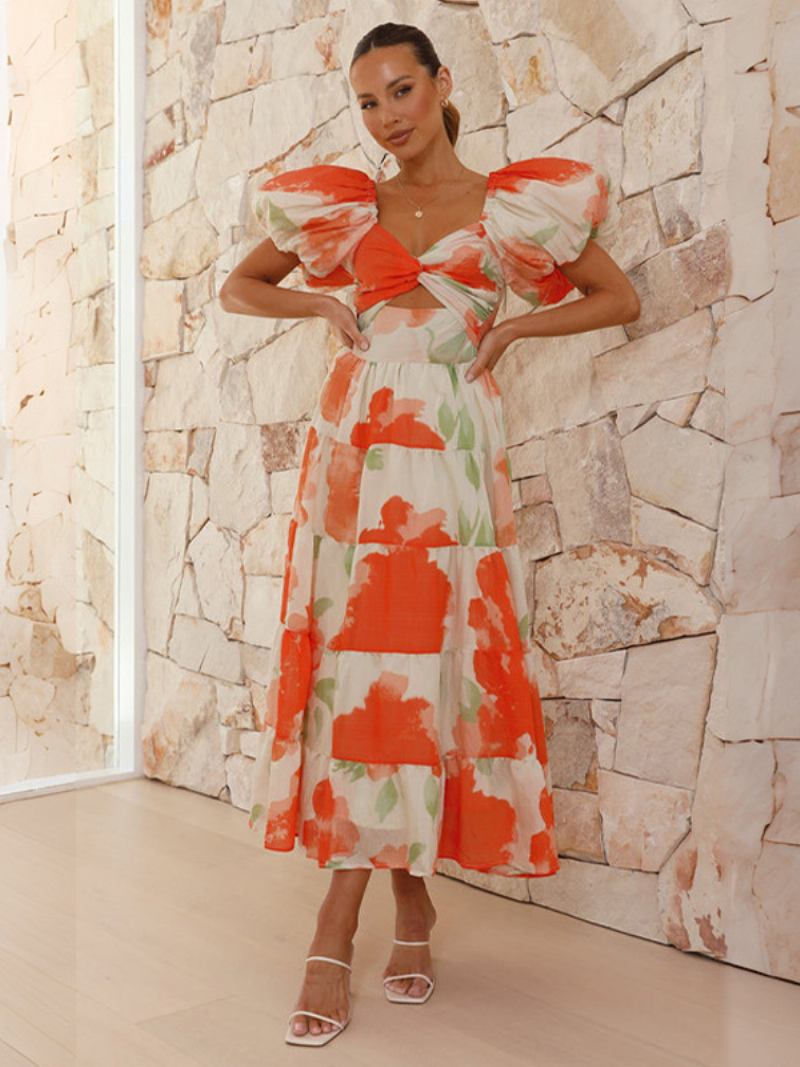 Vestido Feminino Estampado Em Camadas Mangas Bufantes Recortes Coração Vestidos Maxi - Laranja
