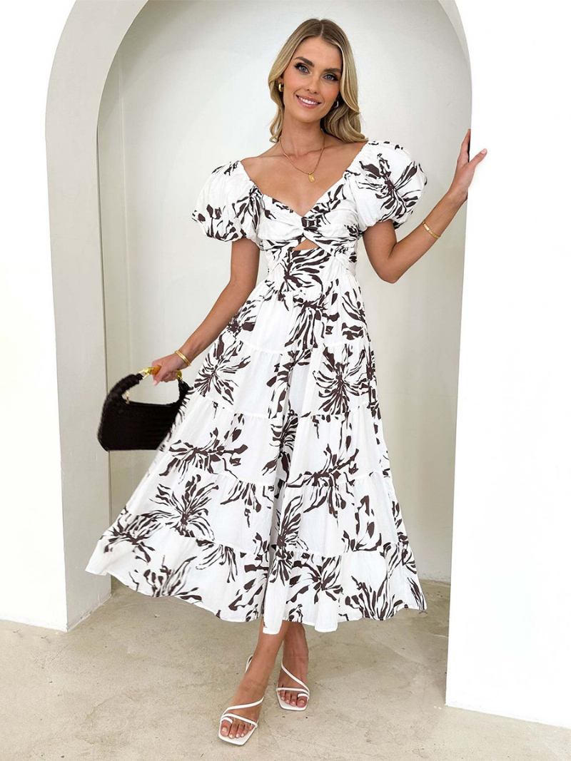 Vestido Feminino Estampado Em Camadas Mangas Bufantes Recortes Coração Vestidos Maxi - Preto