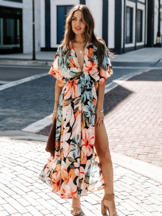 Vestido Feminino Verão Com Decote Em V Estampa Floral Azul Longo Praia