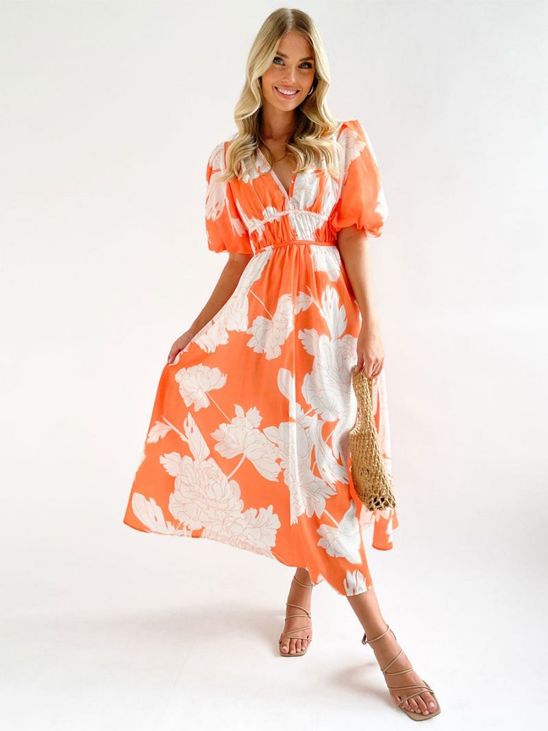 Vestido Feminino Verão Com Decote Em V Estampa Floral Rosa Longo Praia - Laranja