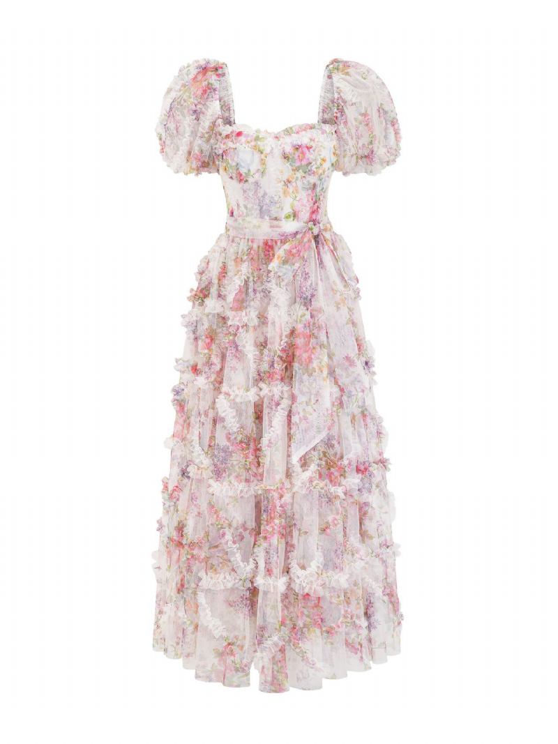 Vestido Floral Feminino Estampa Mangas Bufantes Com Cinto Doce Festa Baile Vestidos Maxi -  Branco