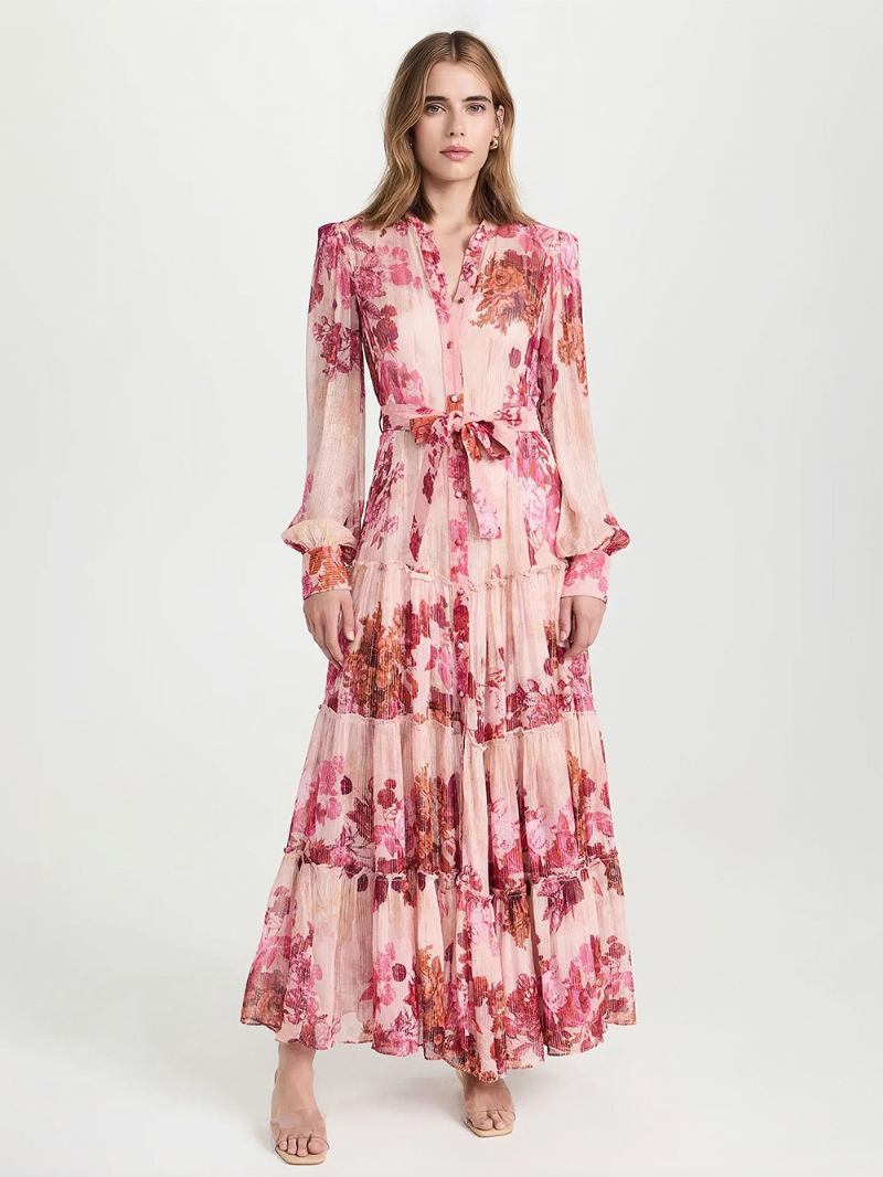 Vestido Floral Feminino Maxi Vestidos Estampa Mangas Compridas Gola Joia Chique Faixa Zíper Longo Verão