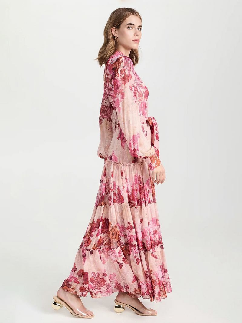 Vestido Floral Feminino Maxi Vestidos Estampa Mangas Compridas Gola Joia Chique Faixa Zíper Longo Verão - Rosa