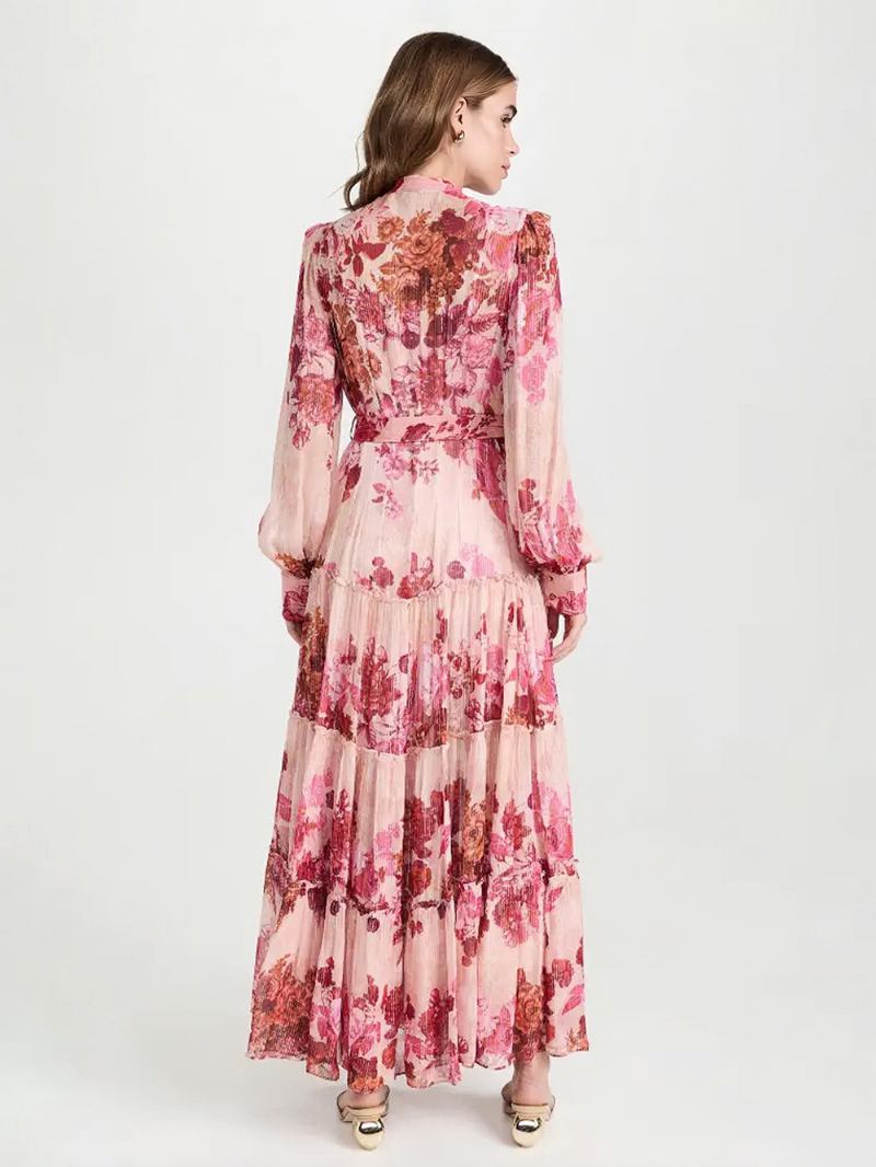 Vestido Floral Feminino Maxi Vestidos Estampa Mangas Compridas Gola Joia Chique Faixa Zíper Longo Verão - Rosa