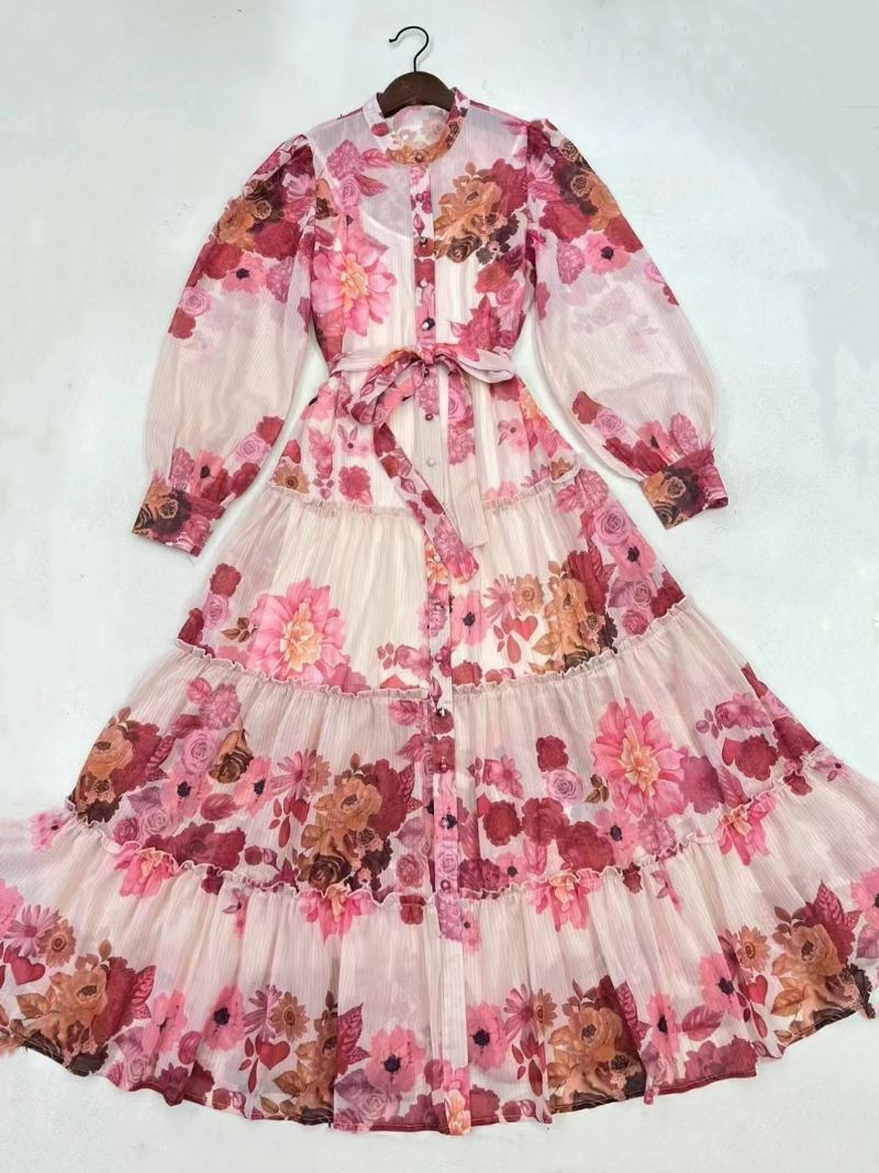 Vestido Floral Feminino Maxi Vestidos Estampa Mangas Compridas Gola Joia Chique Faixa Zíper Longo Verão - Rosa