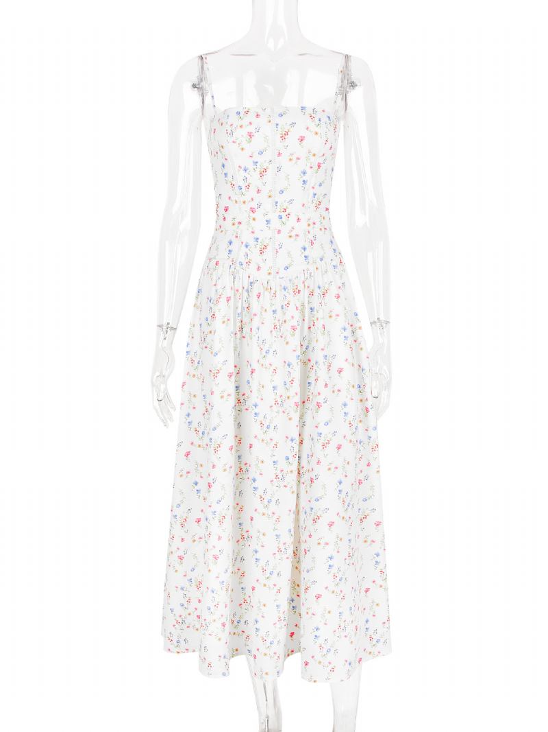 Vestido Floral Feminino Maxi Vestidos Estampa Sem Mangas Alças Pescoço Elegante Plissado Costura Aberta Longo Verão - Branco