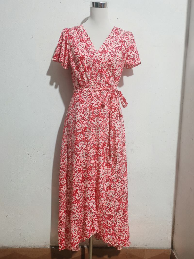 Vestido Floral Feminino Midi Estampa Manga Curta Decote Em V Chique Renda Fenda Frontal Verão - Vermelho