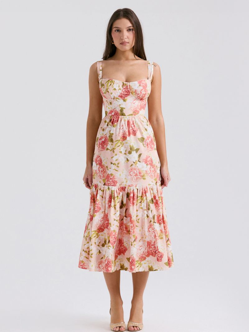 Vestido Floral Feminino Midi Estampa Sem Mangas Alças Pescoço Chique Ajustáveis Babados Zíper Costura Aberta Longo Outono