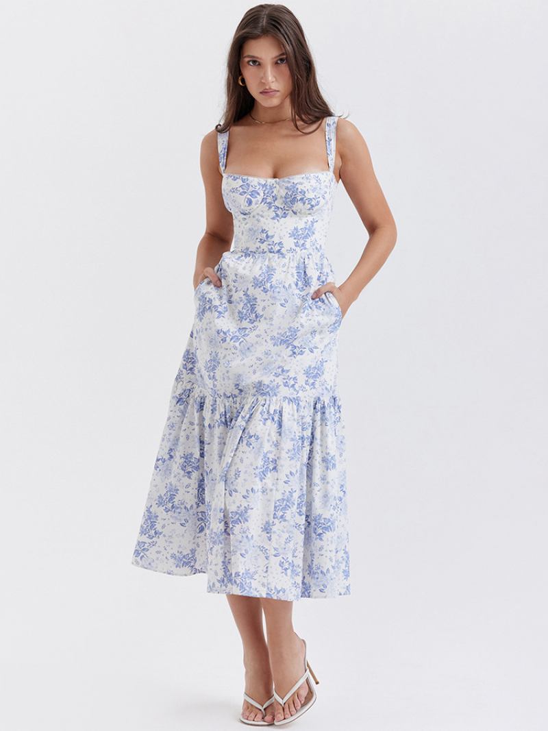 Vestido Floral Feminino Midi Estampa Sem Mangas Alças Pescoço Chique Ajustáveis Babados Zíper Costura Aberta Longo Outono - Azul Céu Claro