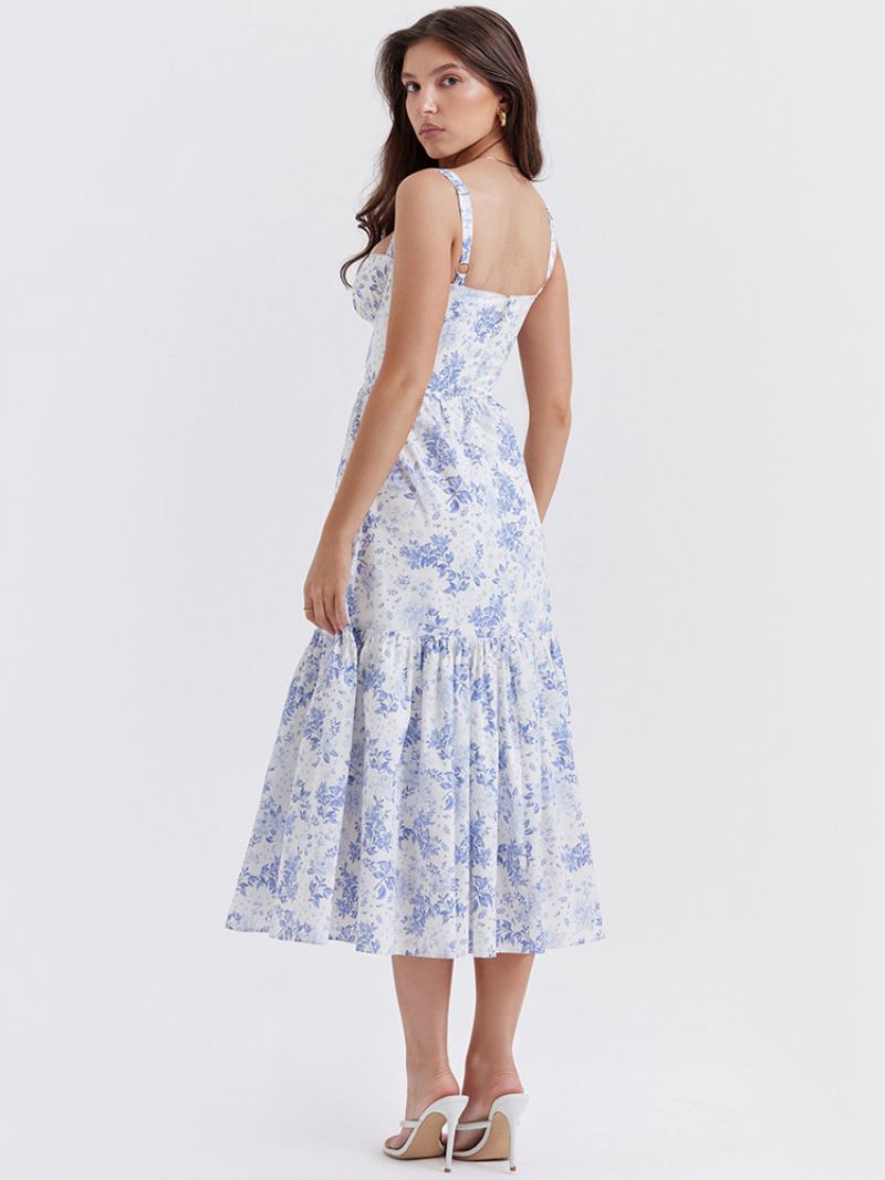 Vestido Floral Feminino Midi Estampa Sem Mangas Alças Pescoço Chique Ajustáveis Babados Zíper Costura Aberta Longo Outono - Azul Céu Claro