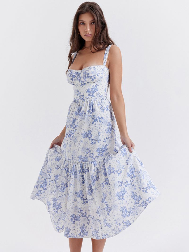 Vestido Floral Feminino Midi Estampa Sem Mangas Alças Pescoço Chique Ajustáveis Babados Zíper Costura Aberta Longo Outono - Azul Céu Claro