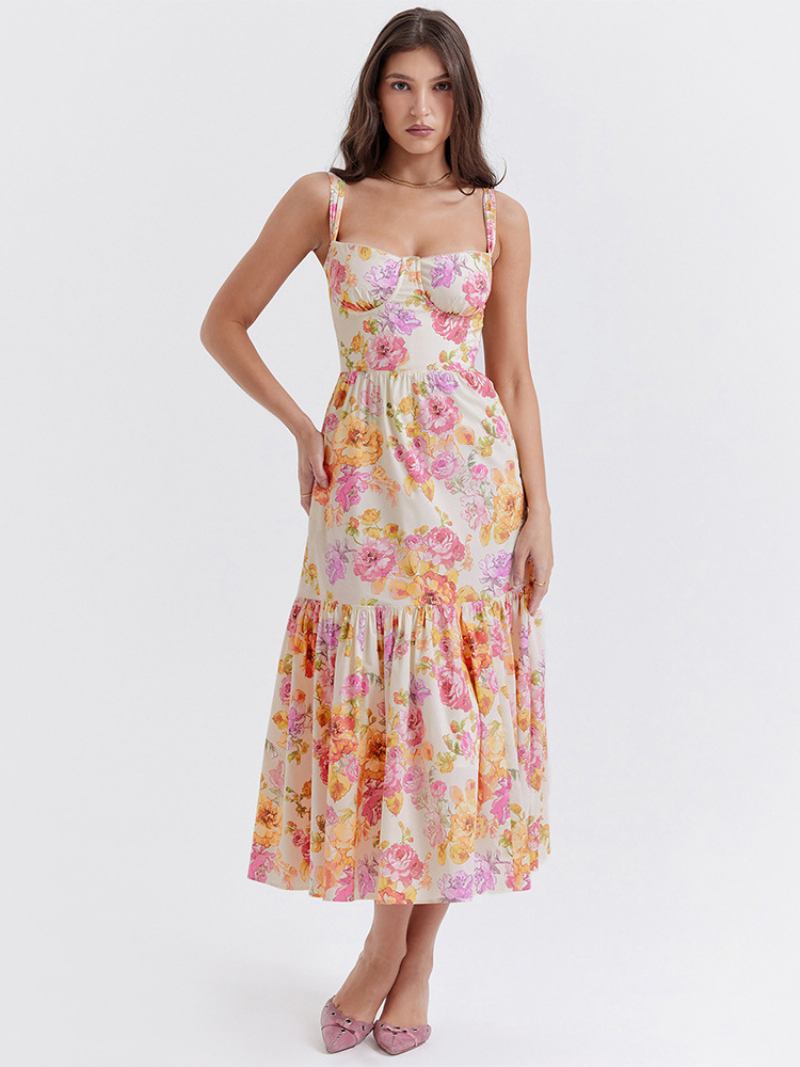 Vestido Floral Feminino Midi Estampa Sem Mangas Alças Pescoço Chique Ajustáveis Babados Zíper Costura Aberta Longo Outono - Bege