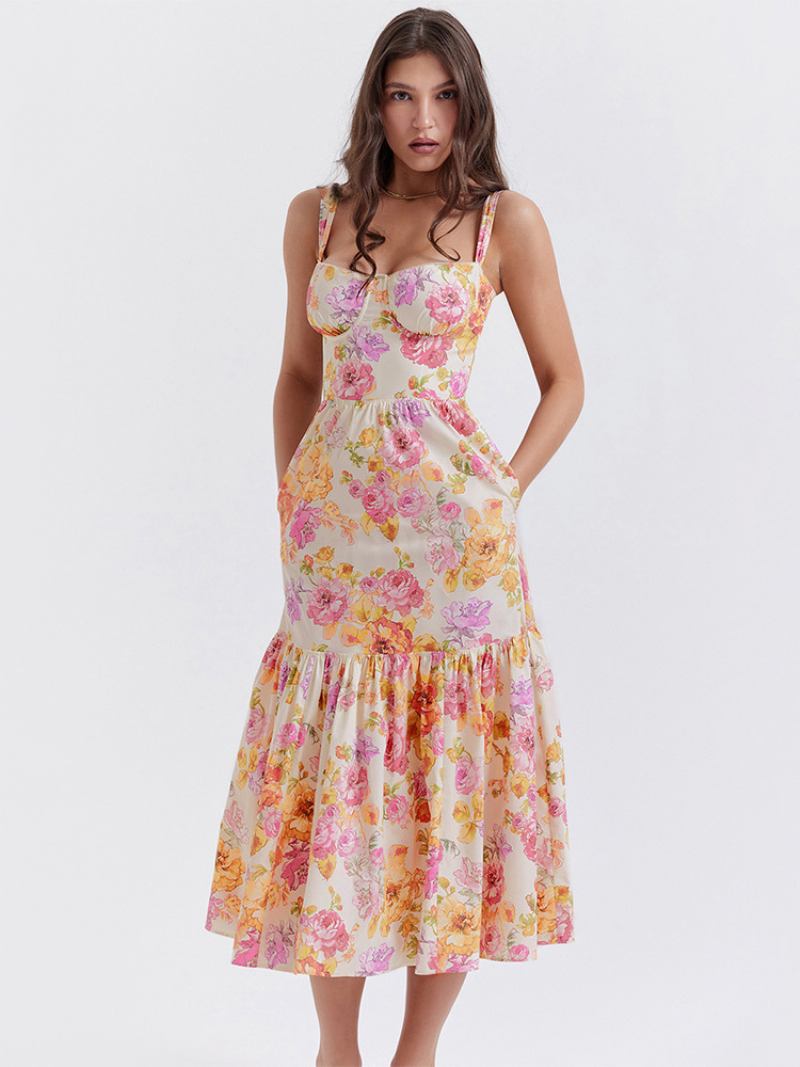 Vestido Floral Feminino Midi Estampa Sem Mangas Alças Pescoço Chique Ajustáveis Babados Zíper Costura Aberta Longo Outono - Bege