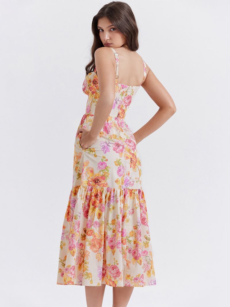 Vestido Floral Feminino Midi Estampa Sem Mangas Alças Pescoço Chique Ajustáveis Babados Zíper Costura Aberta Longo Outono - Bege