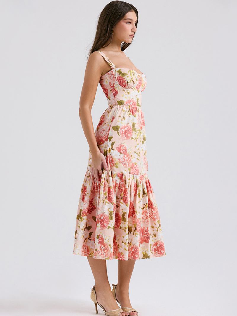 Vestido Floral Feminino Midi Estampa Sem Mangas Alças Pescoço Chique Ajustáveis Babados Zíper Costura Aberta Longo Outono - Rosa