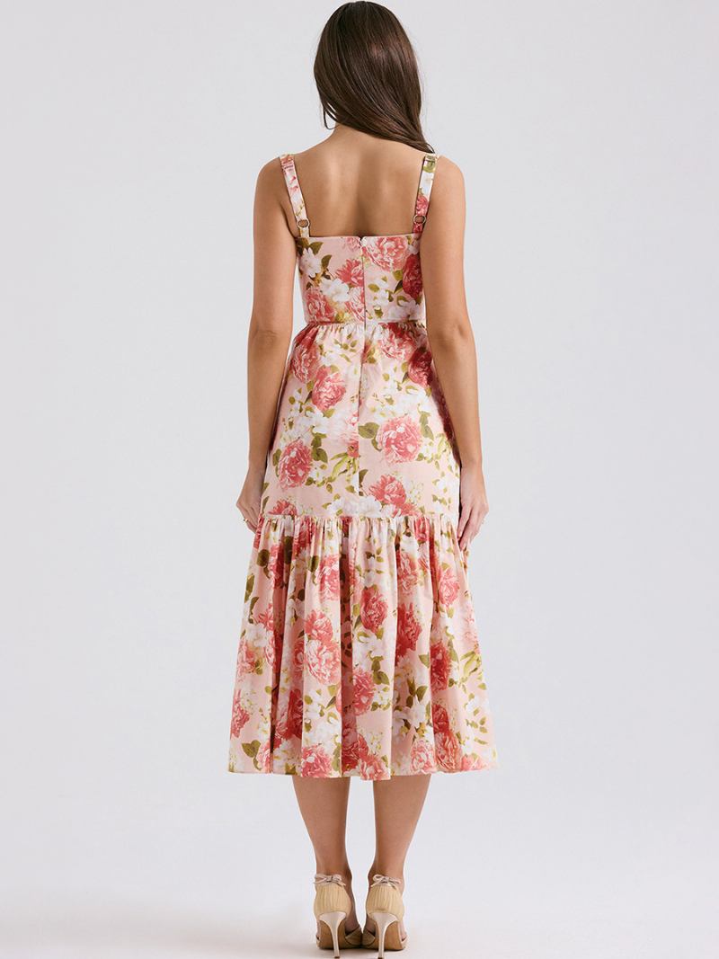 Vestido Floral Feminino Midi Estampa Sem Mangas Alças Pescoço Chique Ajustáveis Babados Zíper Costura Aberta Longo Outono - Rosa