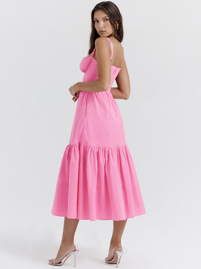 Vestido Floral Feminino Midi Estampa Sem Mangas Alças Pescoço Chique Ajustáveis Babados Zíper Costura Aberta Longo Outono - Magenta