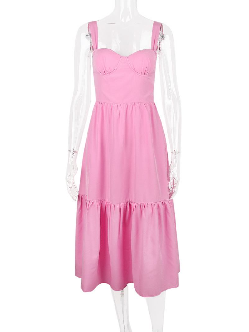 Vestido Floral Feminino Midi Estampa Sem Mangas Alças Pescoço Chique Ajustáveis Babados Zíper Costura Aberta Longo Outono - Magenta