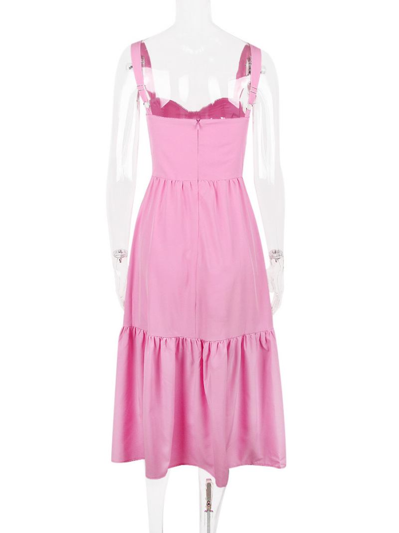Vestido Floral Feminino Midi Estampa Sem Mangas Alças Pescoço Chique Ajustáveis Babados Zíper Costura Aberta Longo Outono - Magenta