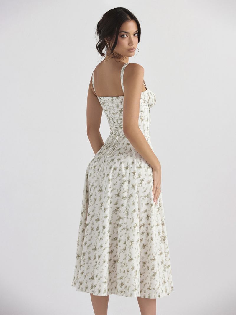 Vestido Floral Feminino Midi Estampa Sem Mangas Alças Pescoço Elegante Renda Até Fenda Lateral Longo Verão - Oliva