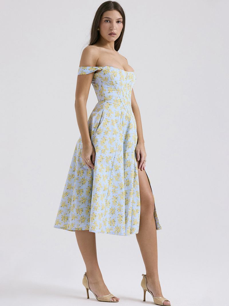 Vestido Floral Feminino Midi Vestidos Estampa Divisão Frontal Bateau Pescoço Sem Mangas Zíper Costura Aberta Chique Verão Longo - Azul Céu Claro